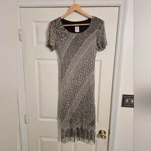 Helene Blake taupe black vintage overlay dress flapper style size 8 (runs Small)